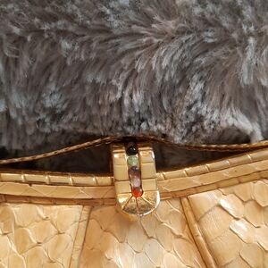 JUDITH Leiber Tan snake skin with gemstone clasp